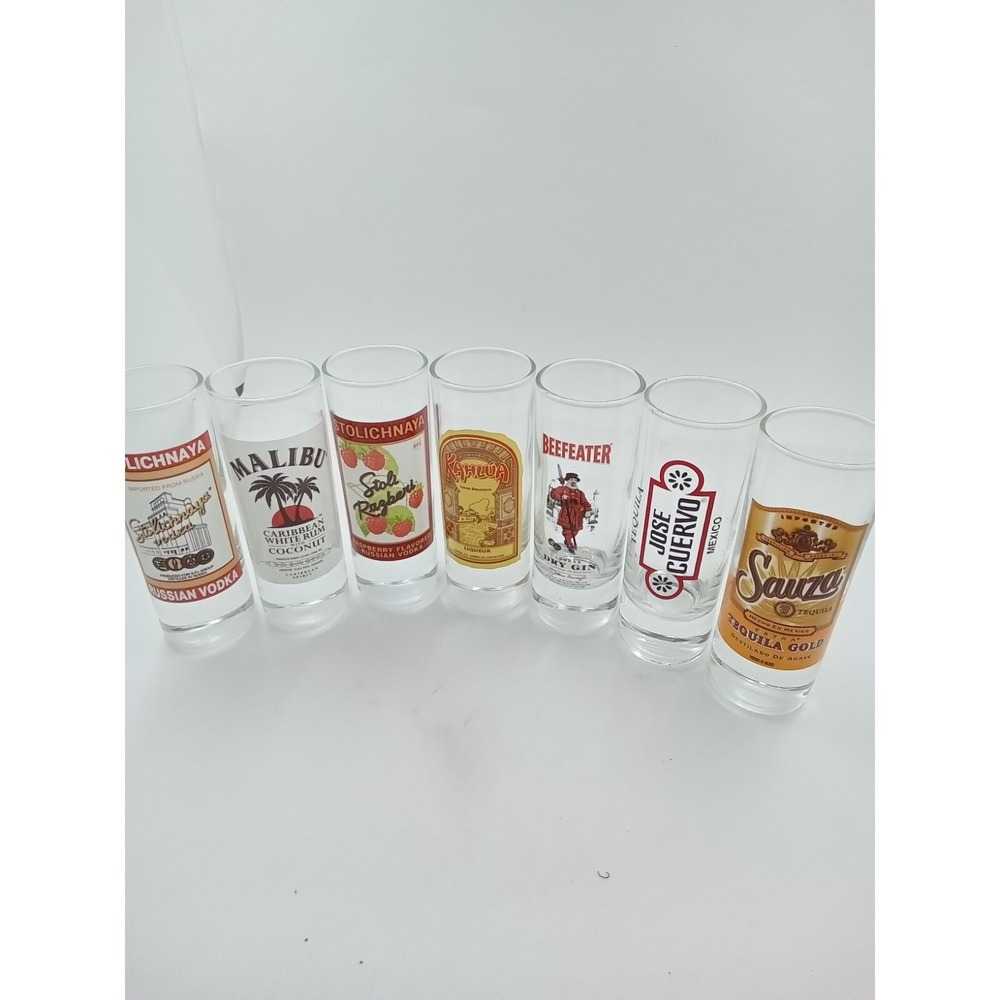 Vintage Liquor Brand Shot Glass Set of 7 Stolichnaya Malibu Kahlua‎ Jose Cuervo